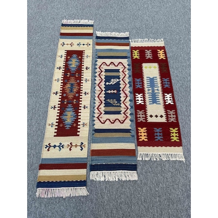 El Dokuma Dekoratif Kilim Seti 3 Adet Renkli %100 Yün Kilim