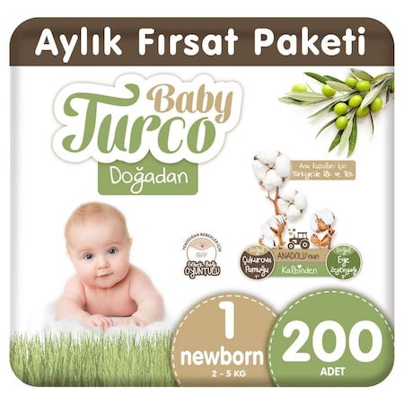 Baby Turco Doğadan Bebek Bezi 1 Numara Yenidoğan Aylık Fırsat Paketi 200 Adet