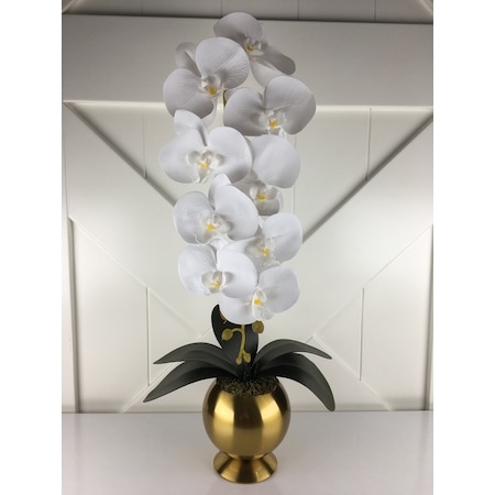 Eskitme Metal Saksıda Beyaz Orkide Yapay Çiçek Aranjmanı Tanzimi