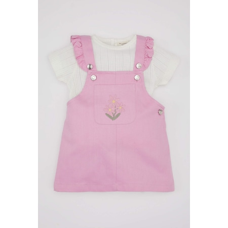 Defacto Kız Bebek Kısa Kollu Tişört Çiçekli Gabardin Salopet Elbise 2li Takım C2142a524smpn444
