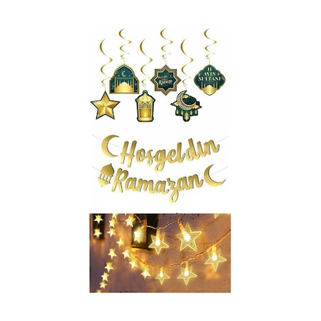 Hoşgeldin Ramazan Gold Yazı- Yıldız Led Ve Tavan Süs Set, Ramazan Ayı Süsleme Seti