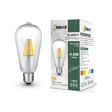 Orbus STB64 4.8W Clear Beyaz Işık E27 600LM Filament Led Ampul