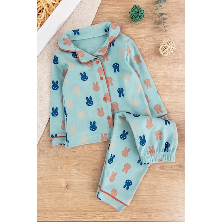 Önden Çıt Çıtlı Tavşan Desenli Yeşil Pamuklu Erkek Bebek/çocuk Pijama Takımı 001