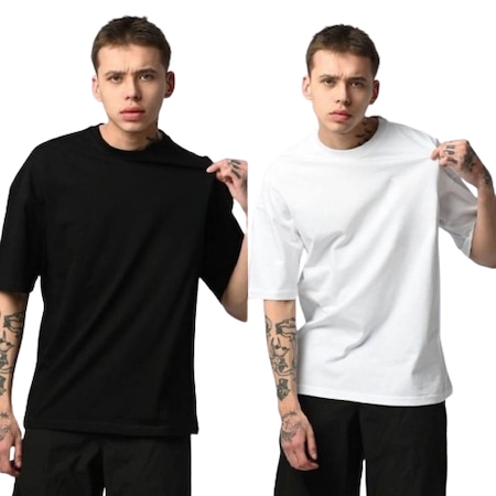 Fifty Color Baskısız Düz Penye Erkek Tişört 2'li Siyah - Beyaz
