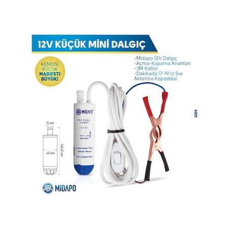 Midapo 12V Kucuk D.C Midapo Mini Dalgic Pompa (Akaryakit-Sivi-Mazot