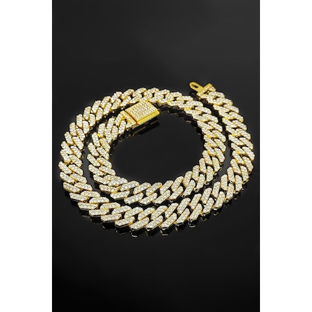 Chavin 12 Mm. Gold Kalın 60 Cm. Taşlı Alloy Erkek Zincir Eu77sr