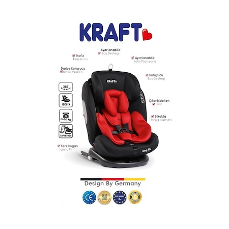 Kraft King 0-36 Kg Top-tether İsofixli 350 Derece Dönebilen Oto Koltuğu Kırmızı