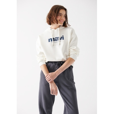 Mavi - Mavi Logo Baskılı Kapüşonlu Ekru Sweatshirt 168334-81964 Beyaz