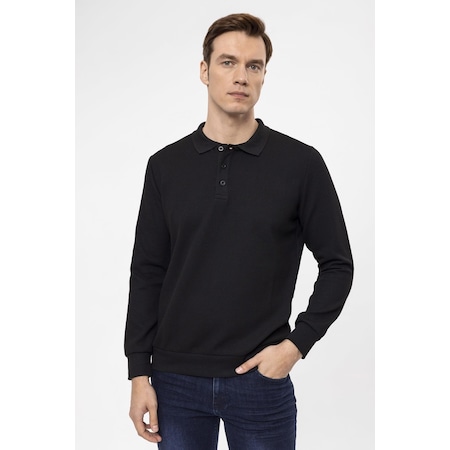 Süvari Regular Kalıp Armürlü Erkek Polo Yaka Sweatshirt - Siyah TR2013700314-S09