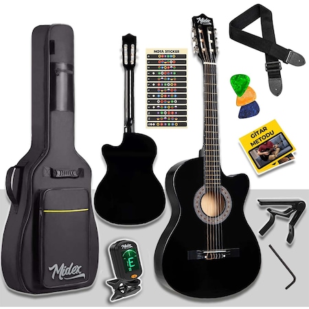 Midex Cg390BK-Xbag Klasik Gitar Siyah 4/4 Sap Ayarlı Kesik Kasa Full Set Çanta + Tuner + Askı + Capo + Metod + Pena