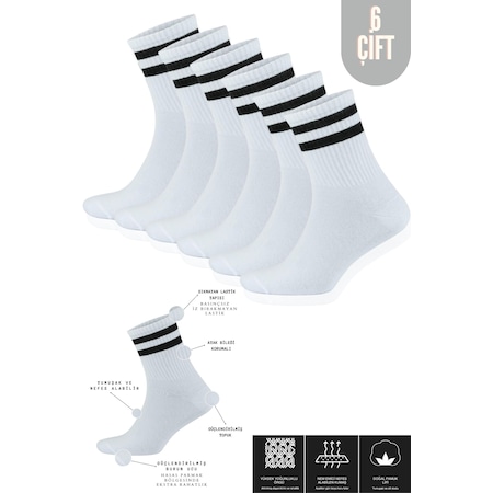 Kral Socks Pamuklu Terletmez Çizgili Unisex Kolej Tenis Çorabı 6 Çift Beyaz