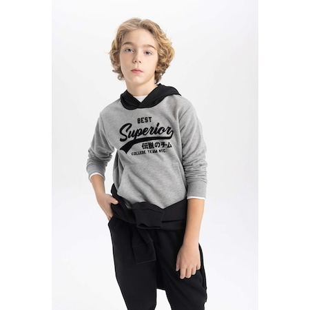 Defacto Erkek Çocuk Baskılı Kapüşonlu Kalın Sweatshirt B9001A823CWGR228