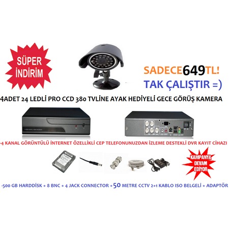 4 adet guvenlik kamera dvr kayit cihazi 1 ay kayit hersey dahil