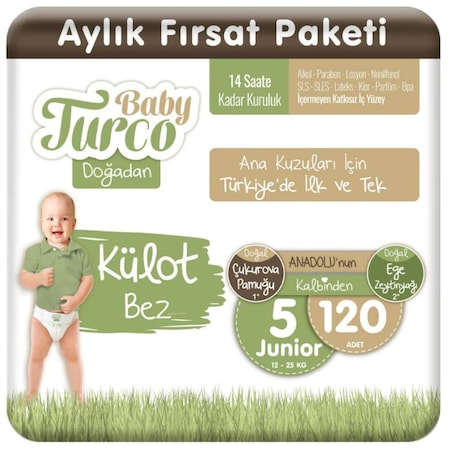 Baby Turco Doğadan Külot Bez 5 Numara Junior Aylık Fırsat Paket 120 Adet