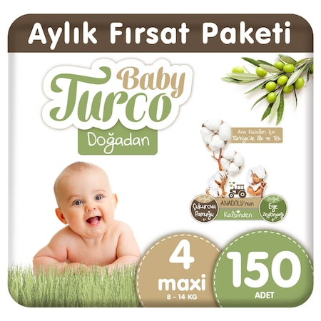 Baby Turco Doğadan Bebek Bezi 4 Numara Maxi Aylık Fırsat Paketi 150 Adet