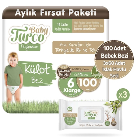 baby turco dogadan kulot bez 6 numara xlarge 100 adet 3 x 60 dogadan islak havlu hediyeli fiyatlari ve ozellikleri