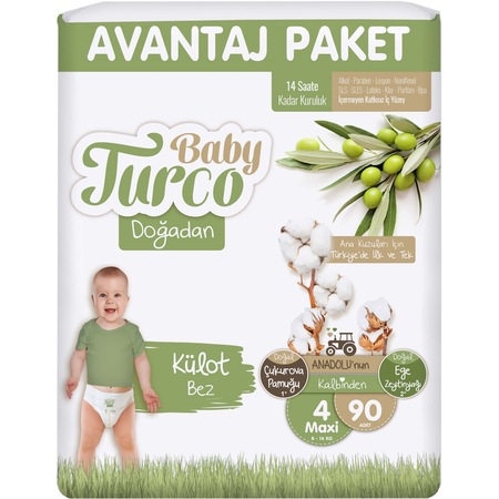 Baby Turco Külot Bebek Bezi Doğadan 4 Numara Maxi 90 Adet