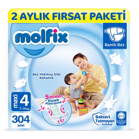 Molfix 3D Bebek Bezi 4 Numara Maxi 2 Aylık Fırsat Paketi 304 Adet