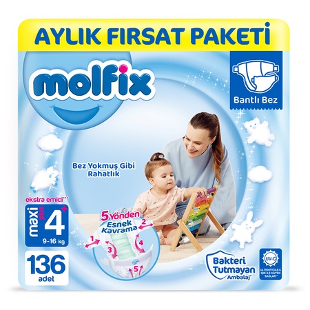 Molfix Bebek Bezi 4+ Numara Maxi Plus Aylık Fırsat Paketi 136 Adet