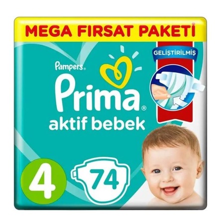 Prima Pampers Aktif Bebek Mega Fırsat Paket Bebek Bezi 9-14 KG 4 Beden 74 Adet