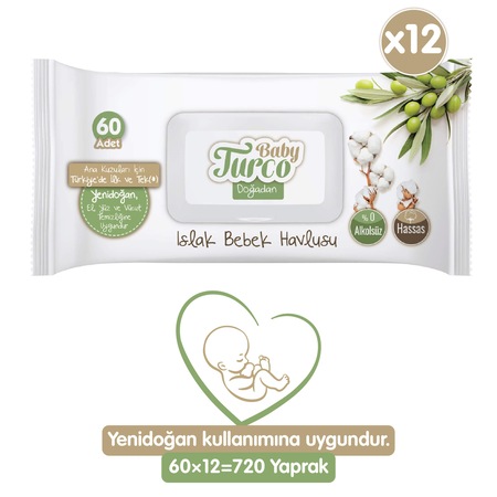 Baby Turco Doğadan Yenidoğan Islak Bebek Havlusu 12 x 60 Yaprak