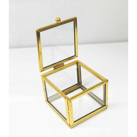 Dekoratif Lüks Altın Metal Üzerine Cam Yüzük Kutusu 7x7x7 cm
