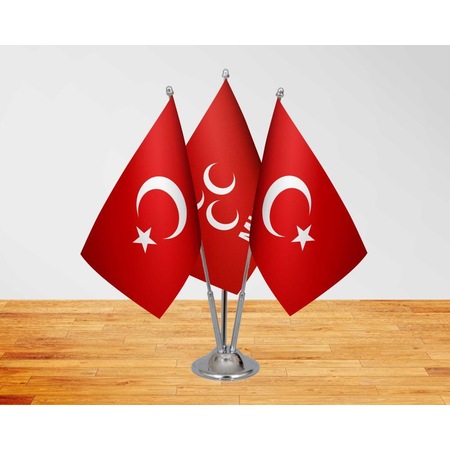 Masa Üstü MHP Bayrağı Türk Bayrağı + Üçlü Direk Masa Bayrağı