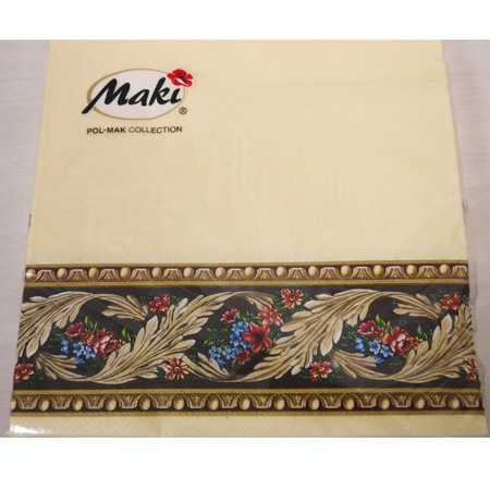 Maki Pol-Mak Collection Krem Renkli Çiçek Şerit Desenli Dekupaj Peçete 20'li 33 x 33 CM