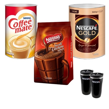 Nescafe Gold Kahve 900 G + Nestle Coffe Mate 2 KG + Sıcak Çikolata 1 KG + 2 Thermo Mug