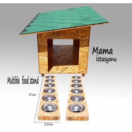 Çatılı Kedi Evi + Çelik Kaseli Mama ve Su Kabı İstasyonu