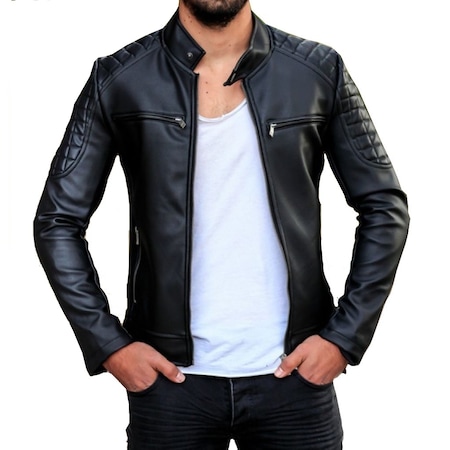 Erkek Slim Fit Serit Detayli Suni Deri Mont Siyah Mylife Moda Senin Hayatin Senin Tarzin