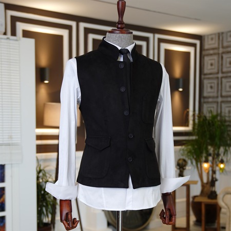 Italyan Stil Slim Fit Erkek Kadife Cepken Yelek Siyah T3946