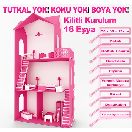 Barbi Evi Ahsap Oyun Evi 70cm 16 Mobilyali 3 Katli Buyuk Ev