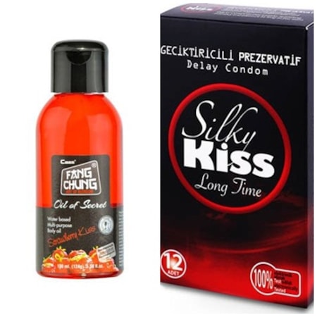 Silky Kiss Long Time Geciktirici Prezervatif 12'li + Fang Chung Çilekli Kaydırıcı Masaj Yağı 100 ML