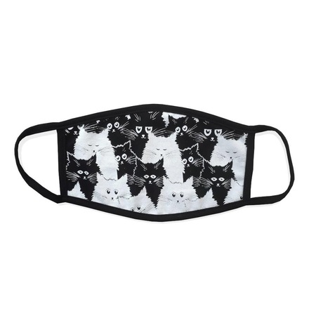 Bant Kedi Desenli Pamuklu Yıkanabilir Maske Beyaz - Siyah
