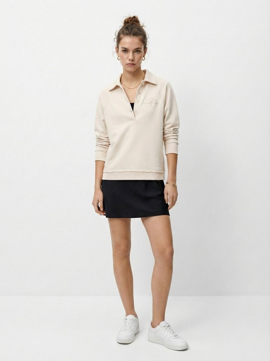 LTB Polo Yaka Düğmeli Bej Sweatshırt Karışık