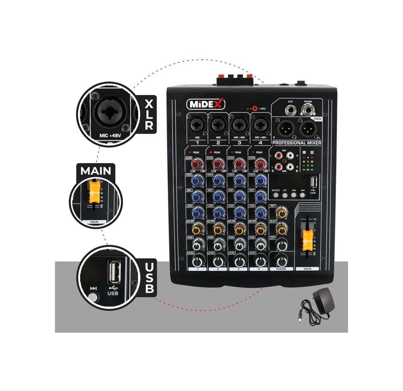 Midex MP-400 Amfili Power Mikser 2x200 WATT 4 Kanal (Bluetooth US Efekt Kayıt)