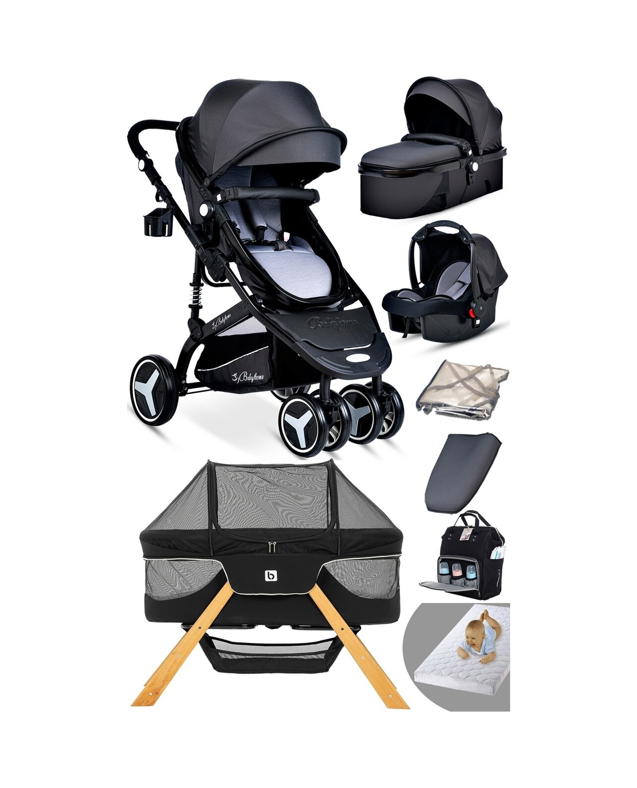 Baby Home Yeni Doğan 9 İn 1 Full Takım 945 Travel Sistem Bebek Arabası Angel Sepet Anne Yanı Beşik Füme - Siyah