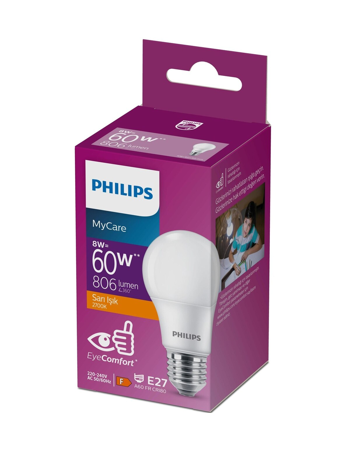 Philips MyCare LED Ampul 8W 720 Lumen 2700K Sarı Işık A60 E27 Duy (60W Eşleniği) Yerli Üretim