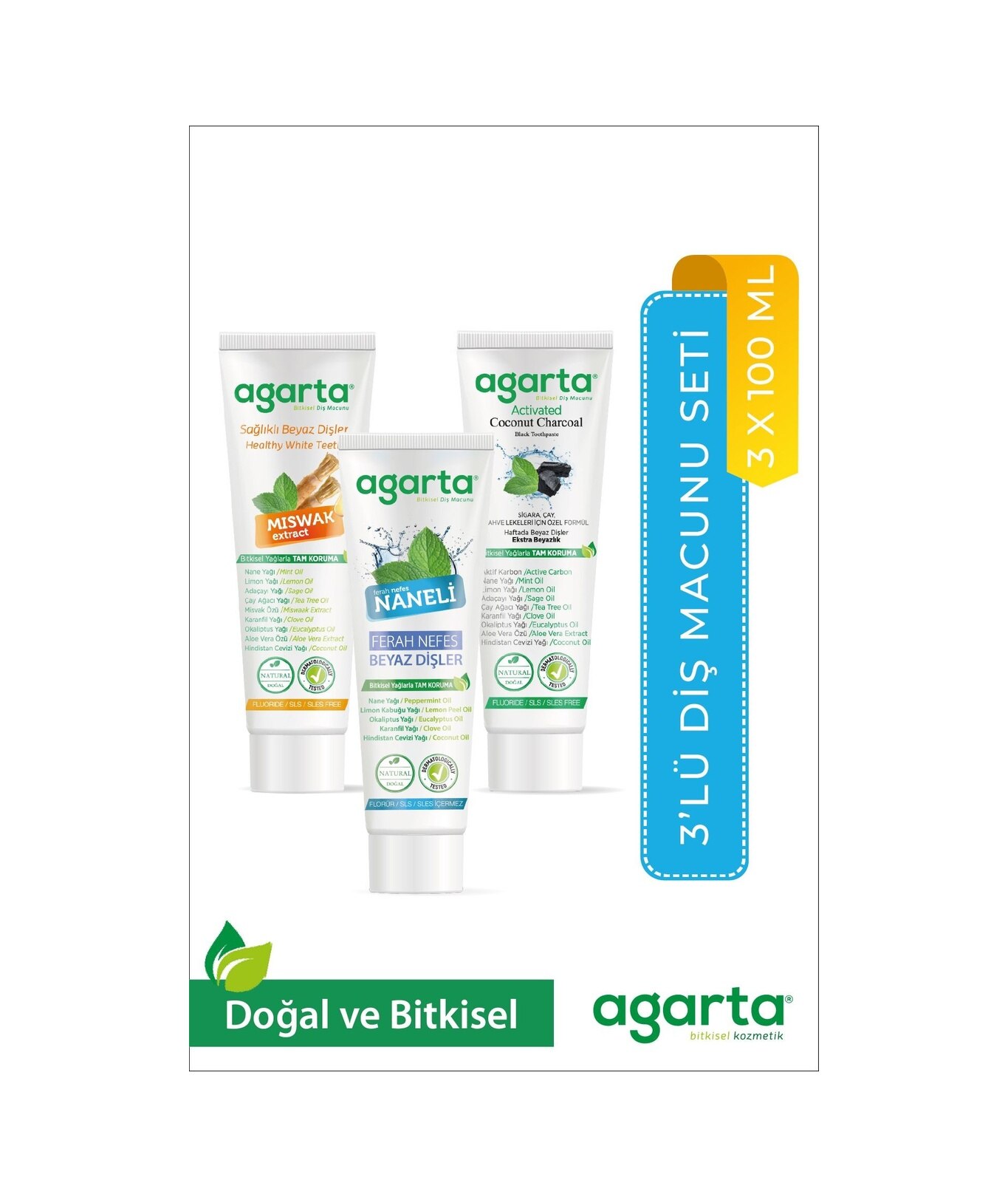 Agarta Doğal Florürsüz Misvak Aktif Nane Diş Macunu 3 x 100 ML