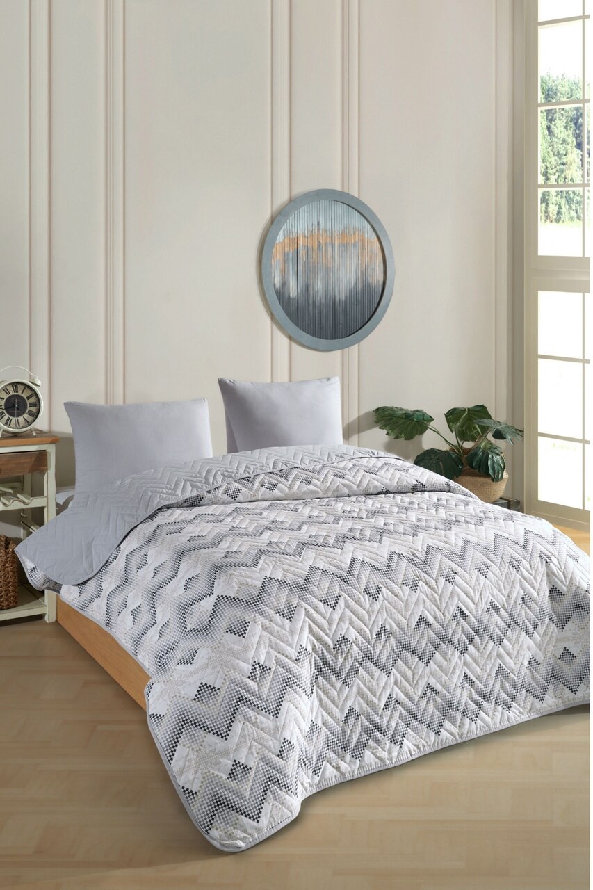 Tek Kişilik Desenli Kapitone Çift Taraflı Renkli Pike Yatak Örtüsü Takımı 160x230 Cm Çarşafsız Gri