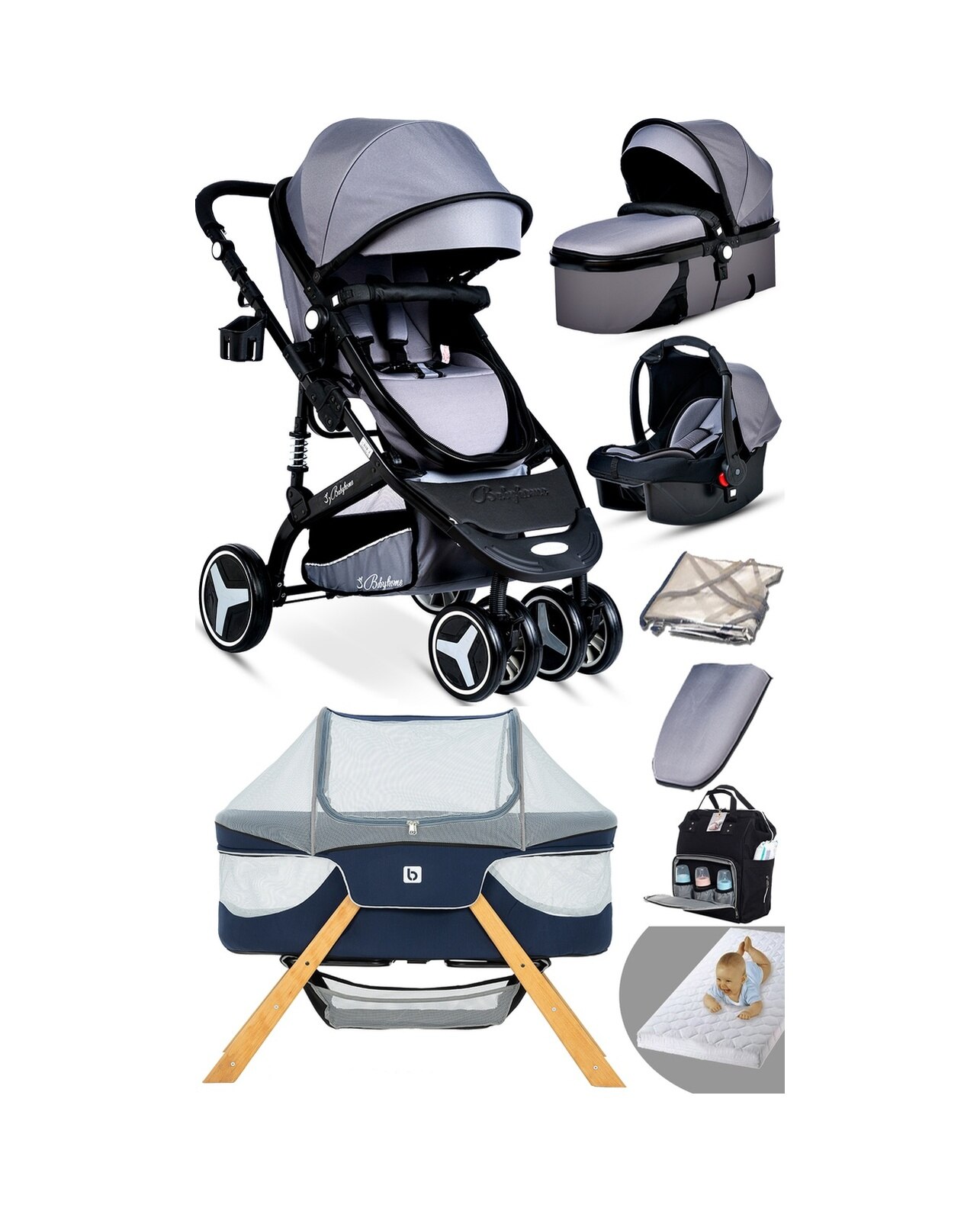 Baby Home Yeni Doğan 9 İn 1 Full Takım 945 Travel Sistem Bebek Arabası Angel Sepet Anne Yanı Beşik Gri - Siyah