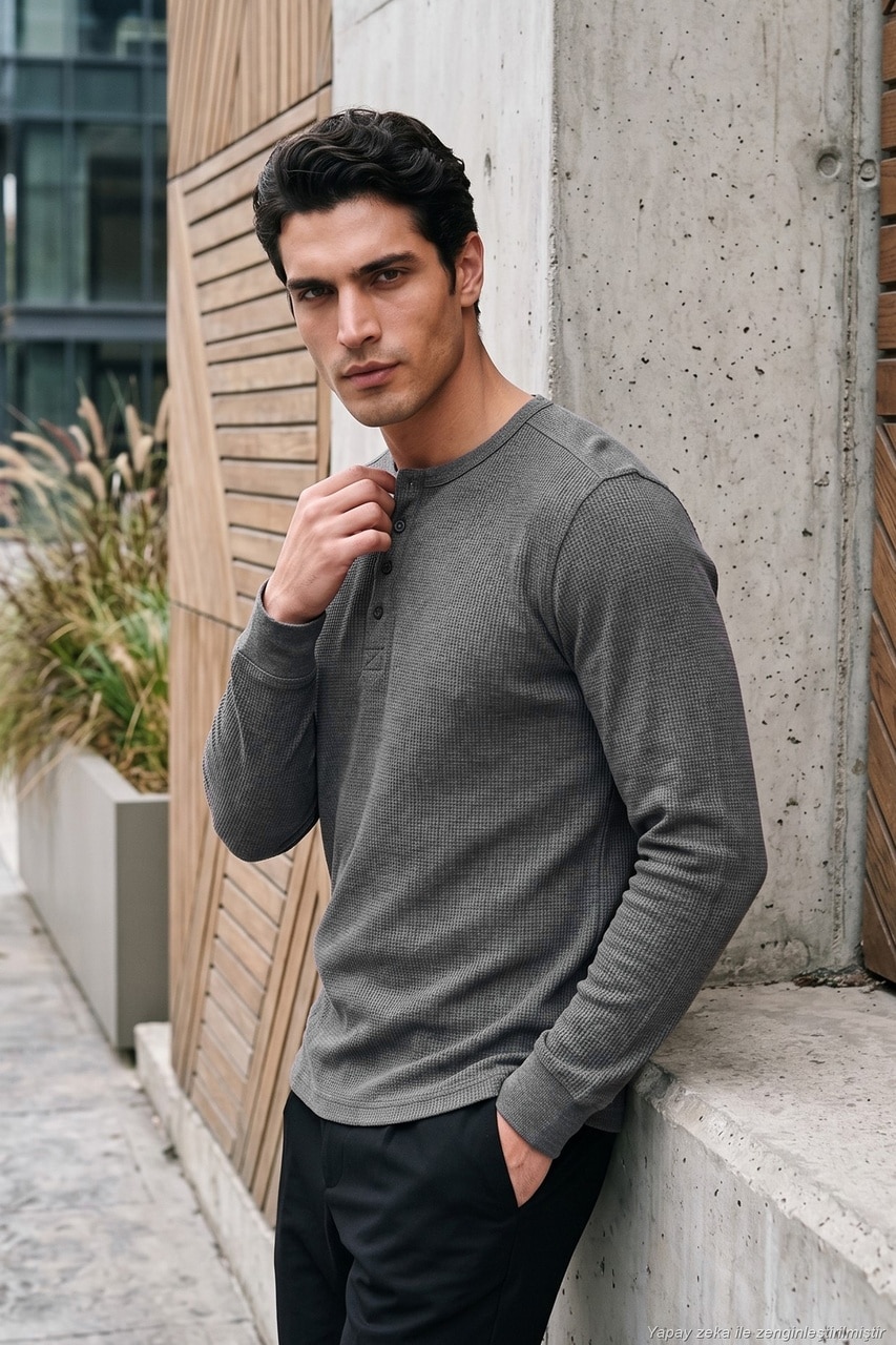 Buratti Pamuklu Regular Fit Düğmeli Bisiklet Yaka Sweat Erkek Sweat 5905852 Antrasit