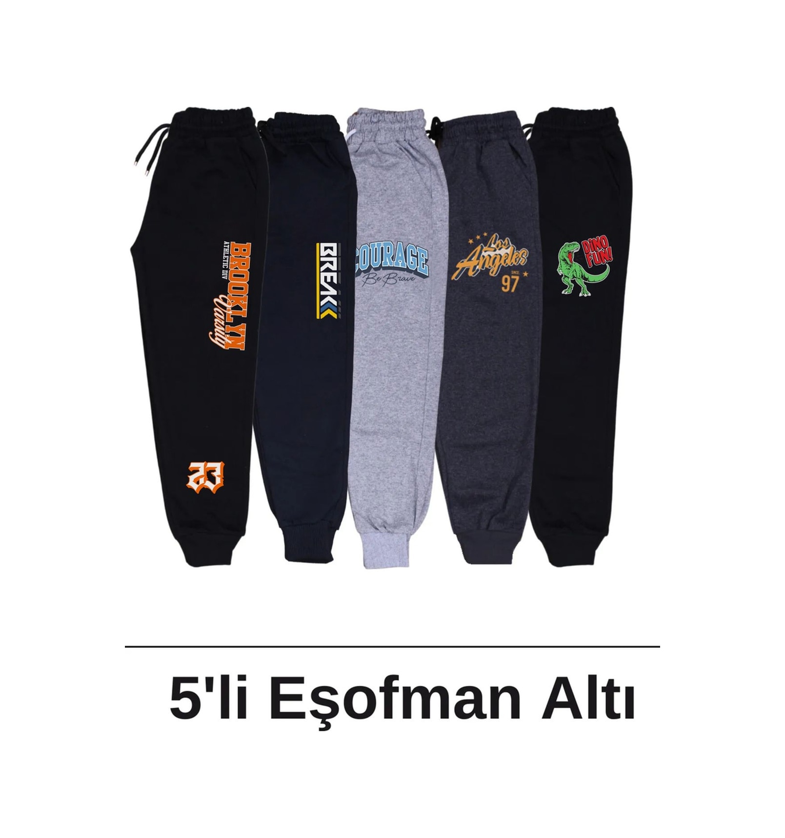 Fyk Kids Baskı Detaylı Cepli Paça Lastikli Erkek Çocuk Eşofman Altı 5'li - Çok Renkli