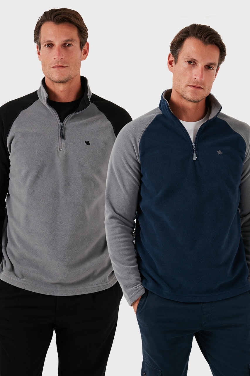 Buratti Slim Fit Yarım Fermuarlı Kışlık Şardonlu 2'Li Paket Erkek Polar 5906055S2 Gri-Lacivert