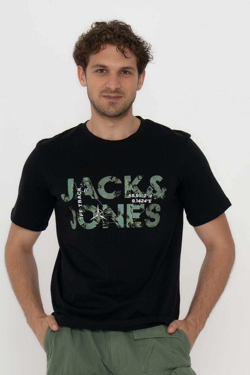 Jack & Jones 12215700 Techlogo Bisiklet Yaka Logolu Erkek Tişört Siyah Beyaz