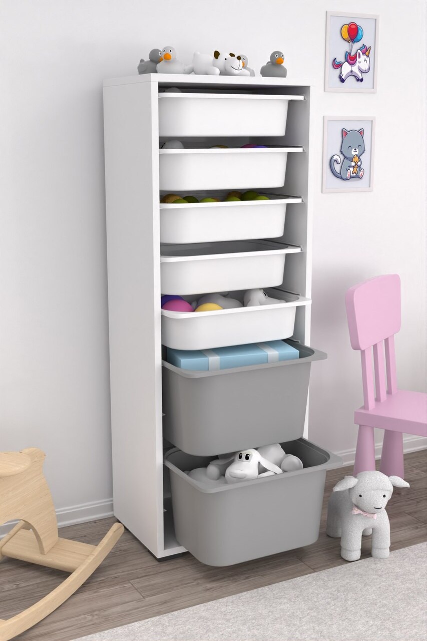 Zola 7 Sepetli Dolap Oyuncak Dolabı Çok Amaçlı Mutfak Banyo Kiler Dolabı Gri Beyaz Ceviz - Beyaz