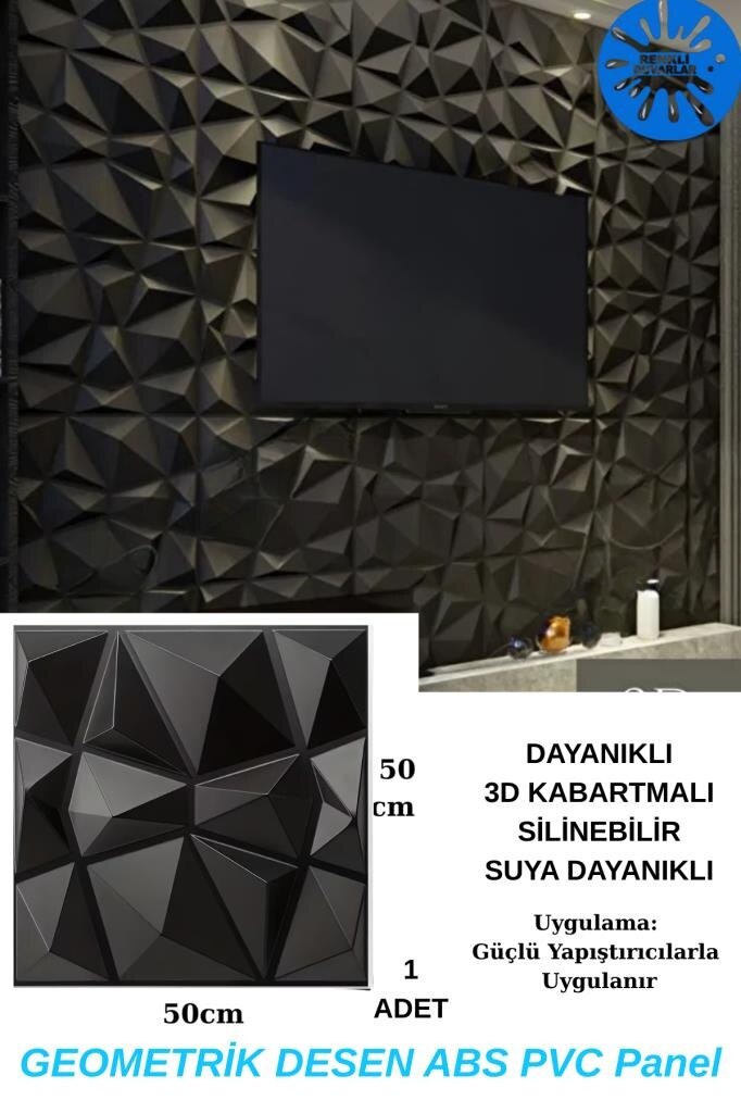50cm X 50cm 1 Adet 3d Abs Malzeme Pvc Dayanıklı Duvar Paneli Silinebilir Geometrik Model Panel Siyah