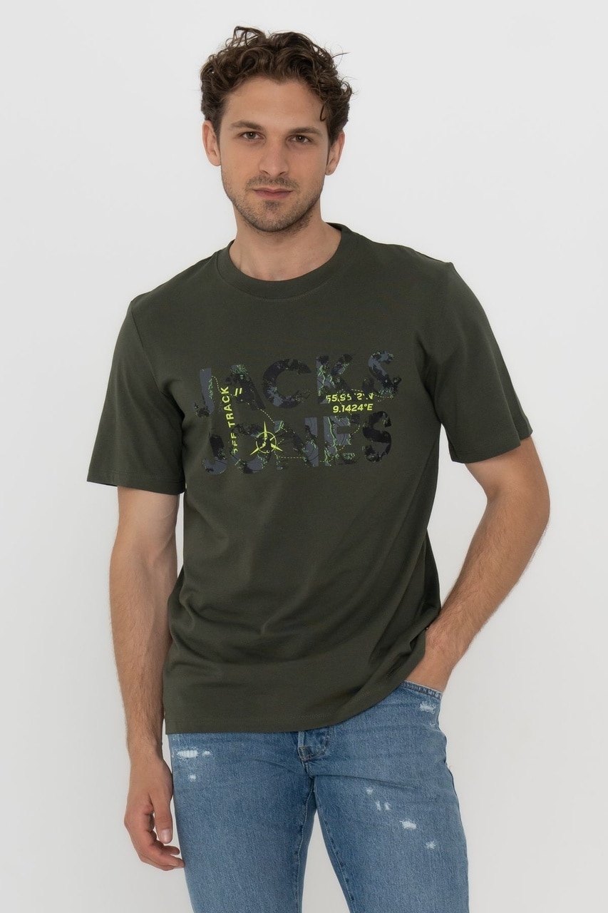 Jack & Jones 12215700 Techlogo Bisiklet Yaka Logolu Tişört Forest Night Haki