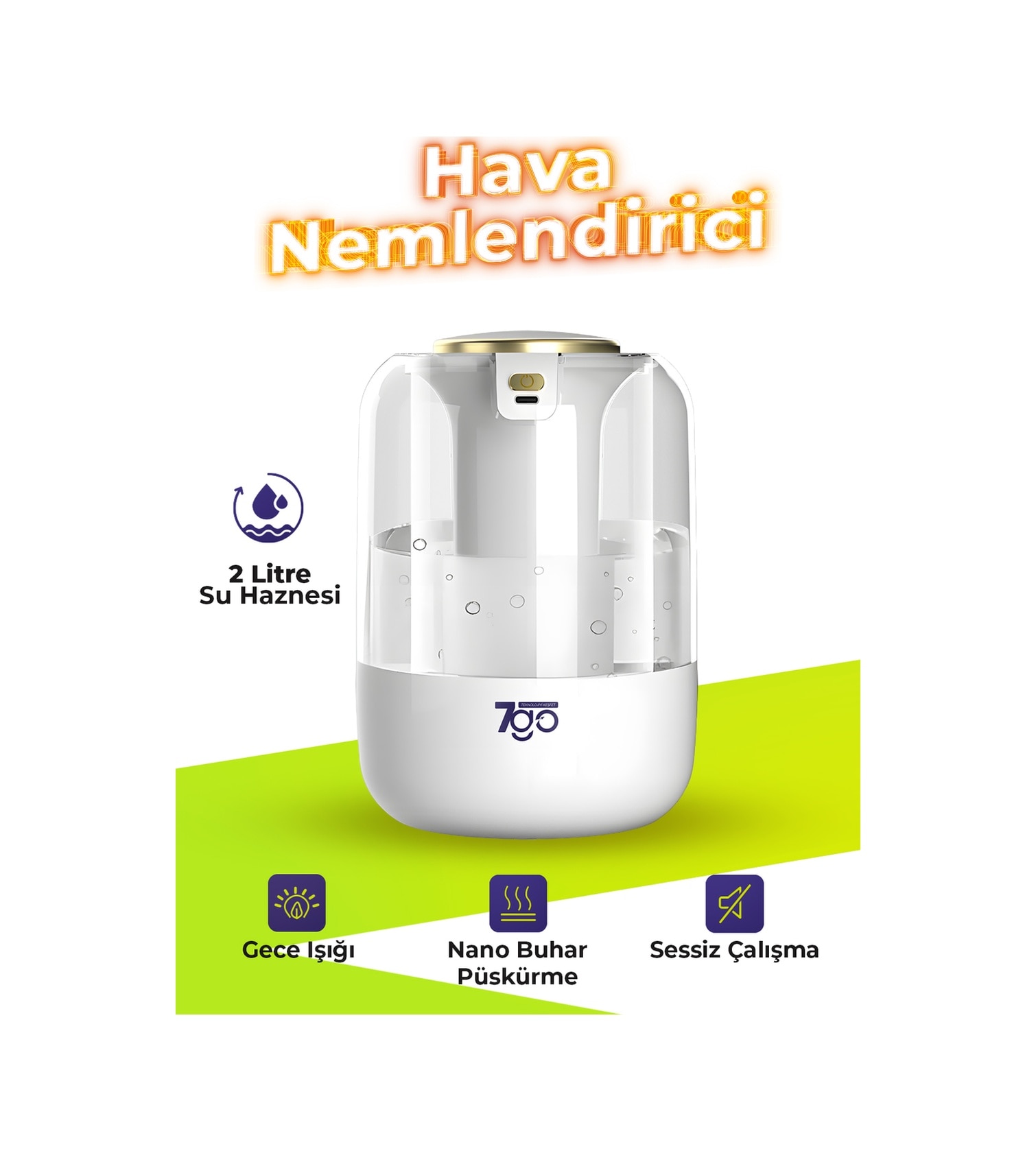 7go 7g-uhd1 Ultrasonik Çift Çıkışlı Hava Nemlendirici 2l Su Kapasiteli, Usb-c, Led Işıklı, Sessiz